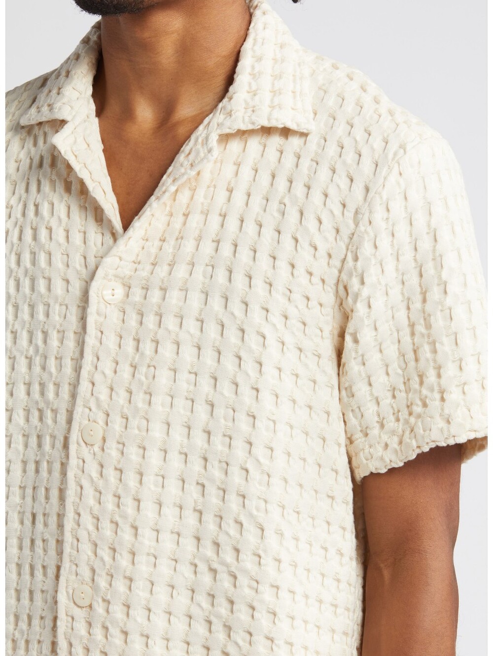 OAS Cuba Waffle Camp Knit Short Sleeve Ecru Button Down Shirt M - Picture 2 of 9